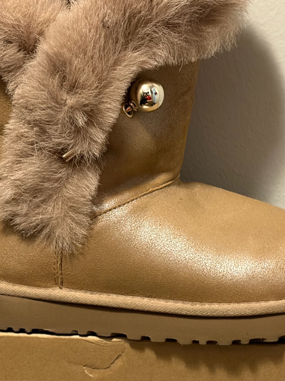 UGG Chestnut Faux Fur Cuff Winter Boot with Gold Button
